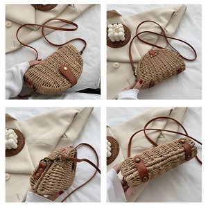 Multi-angle view of a woven saddle bag featuring brown leather straps and metal rivets