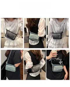 Detailed views of vintage denim crossbody bag with metal chain strap on model in six angles