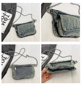 Collage view of retro washed denim crossbody bag showing multi-angle details and chain strap