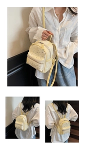 Detailed views of a mini cream quilted backpack featuring diamond stitching and rhinestones