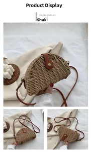 Detail of khaki woven straw saddle bag with leather clasp closure and slim strap