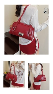 Three-way view of a red Y2K Boston bag with silver hardware and adjustable buckles