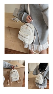 Mini white leather backpack with silver rivets and multi-functional shoulder straps