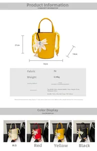 Detailed view of fashionable bucket bag showing floral pendant and various color options