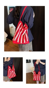 Detail shots of red and white striped mesh tote bag showing size and shoulder wear