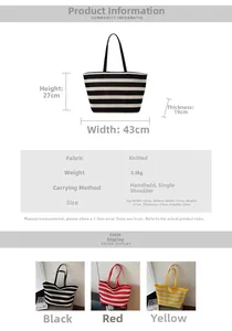 Detail view of large striped knit tote bag with dimensions and multi-color options shown
