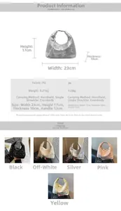Detailed dimension guide for pleated dumpling bag showing five available colors and sizes