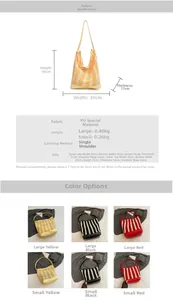 Detailed size chart for striped hollow out tote bag showing large and small dimensions