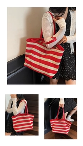 Red and white striped woven tote bag styled with a floral dress and white cardigan