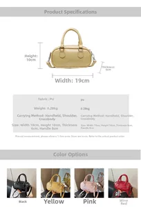 Detailed size specifications and material chart for the mini Boston PU leather handbag