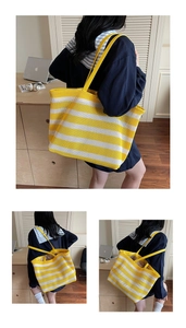 Detail of yellow and white striped mesh tote bag showing large capacity and breathable texture