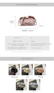 Detailed size specifications and five color variants of the pleated cloud evening bag
