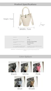 Spécifications de taille et options de couleur pour le mini sac seau en cuir PU élégant