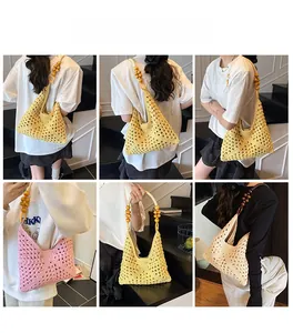 Collage of handmade woven tote bags in yellow, pink and beige with wooden bead straps