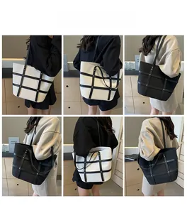Detail shots of contrast stitching tote bag shown from multiple angles on a model