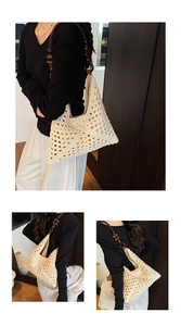 Detail of crochet tote bag featuring diamond hollow patterns and wooden bead straps