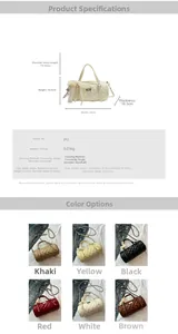 Détails du sac cylindrique matelassé en PU avec dimensions et options de couleurs