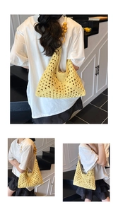 Detail of yellow hollow knit tote bag featuring smooth natural wooden bead handles