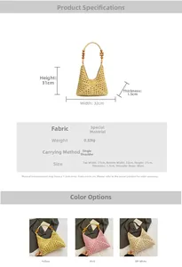 Detail of woven tote bag with wooden beads showing fabric texture and size dimensions