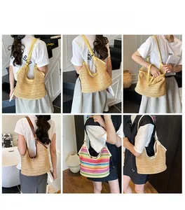 Collage of multi-colored woven straw tote bags showing various fashion styling options