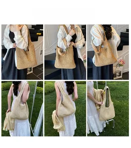 Lifestyle shots showing the large capacity beige straw tote bag being worn outdoors