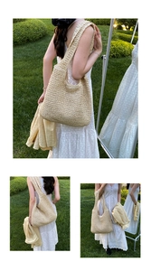 Detailed craftsmanship of a large beige hand-woven straw tote bag for beach vacation wear
