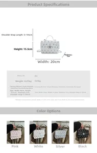 Detailed view of quilted PU leather mini bags with star studs in pink, white, silver and black