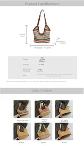 Detailed size specifications for a straw beach tote bag with various color options