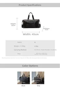 Detailed size chart of the black and grey travel bag showing dimensions 45x23x15cm