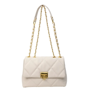 Elegant cream quilted chain crossbody bag with gold-tone twist lock on white background