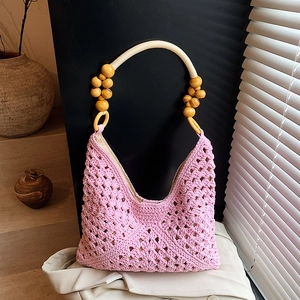 Bolso de Mano de Paja Tejido a Mano para Mujer Con Asa de Cuentas de Madera Ganchillo Calado Vacaciones Playa