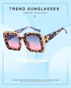 Detail of leopard print sunglasses with blue-pink gradient lenses and golden H-hinge