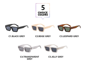 Vue à plat de cinq lunettes de soleil vintage carrées en noir, beige, léopard et gris