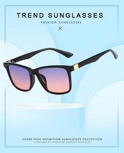 Detail of square sunglasses with purple-orange gradient lenses and UV400 protection