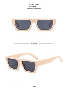 Vue détaillée de lunettes de soleil rectangulaires gris beige, profils de face et de côté