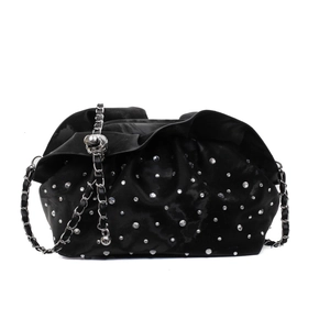 Chic black velvet cloud bag with silver rhinestones and skull chain shoulder strap