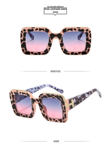 Detailed front and side view of square pink leopard sunglasses with gradient lenses