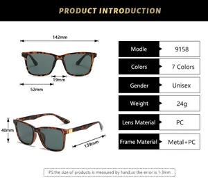 Detailed size chart for square fashion sunglasses with frame and lens measurements
