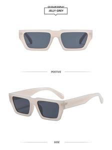 Détails de lunettes de soleil carrées gris translucide avec verres gris et vue latérale