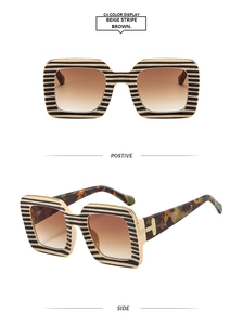 Front and side views of beige striped square sunglasses with brown gradient lenses