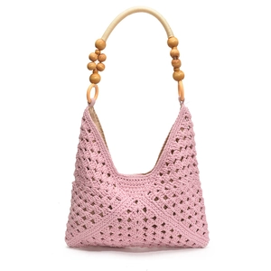 Bolso tote de ganchillo rosa hecho a mano con asas de cuentas para playa de verano