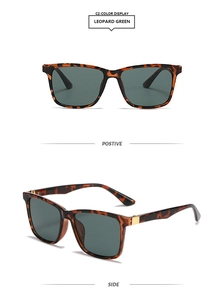 Detail view of leopard green square sunglasses with golden metal hinges and green lenses