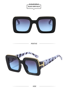 Front and side view of oversized square sunglasses with marble temples and gold T-hinges