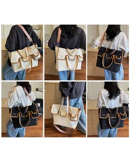 Vues multiples d'un sac cabas en toile avec bordure contrastée et larges bretelles