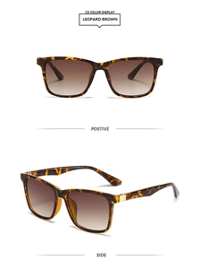 Detail view of square leopard print sunglasses with gradient brown lenses in classic frame
