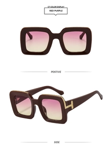 Detail of square burgundy sunglasses with gradient lenses and golden T-shaped metal hinges