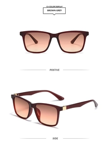 Macro detail of square burgundy sunglasses with gradient brown lenses and gold metal hinges