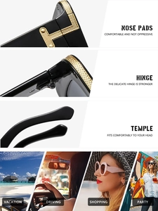 Detailed close-up of square sunglasses hinges and nose pads with various lifestyle scenes