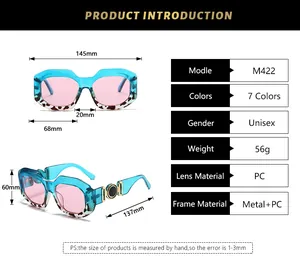 Detailed size specifications for square fashion sunglasses with a metal and PC frame