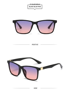 Detail view of square black sunglasses with gradient purple lenses and gold metal accents